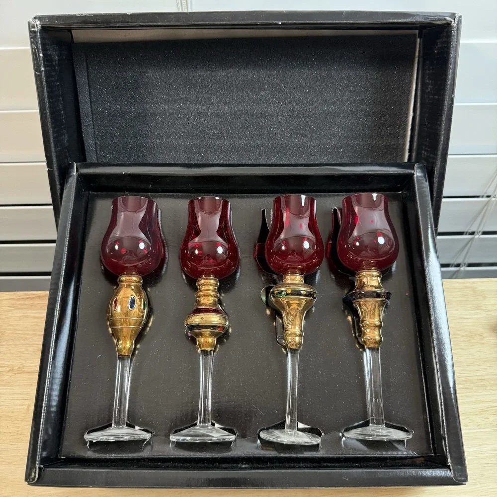 4 Vtg Bombay Company Romanov Ruby Gold Long Stem Cordial‎ Glasses New  7